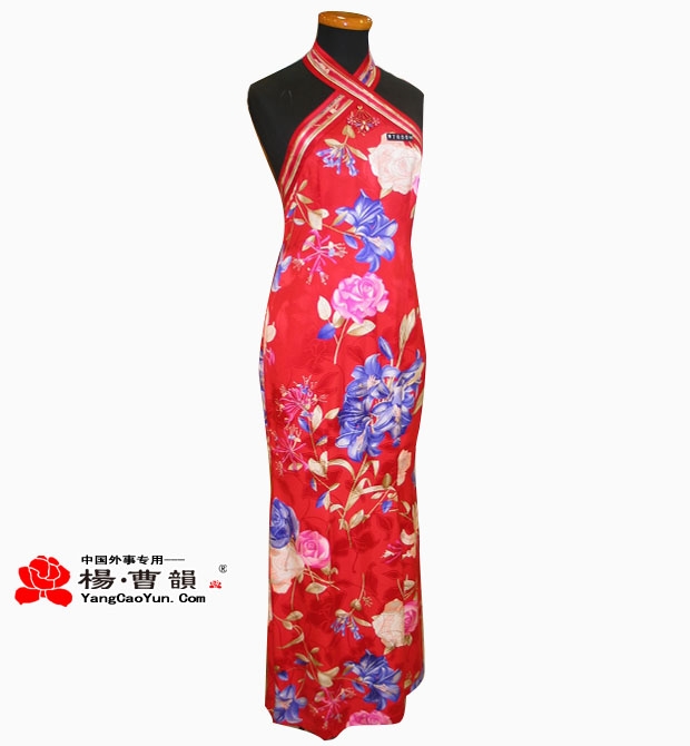 玫瑰红色-真丝印花-旗袍-女款