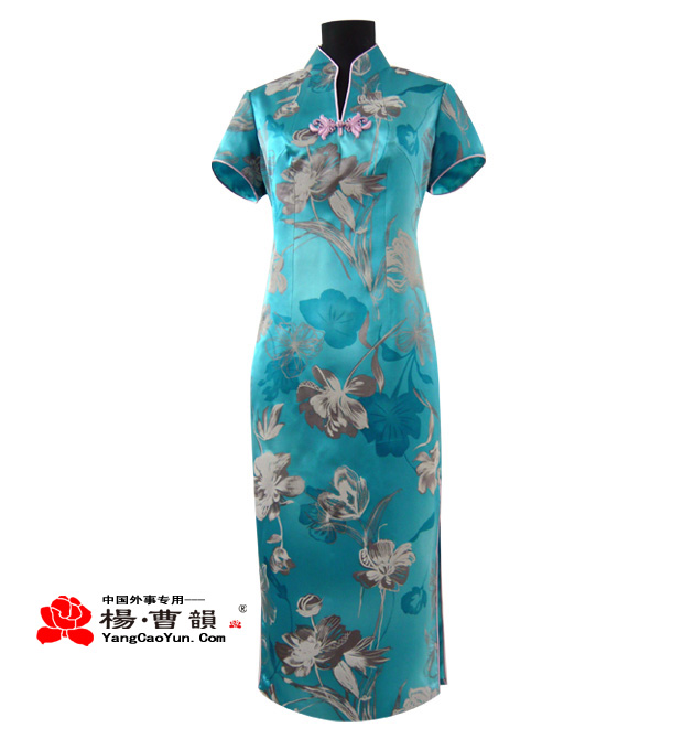 蓝色-真丝-旗袍-女款